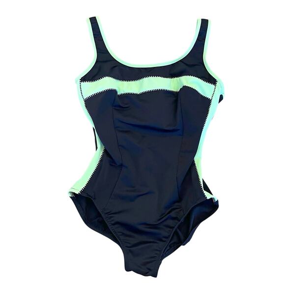 Miraclesuit One-Piece Swimsuit 10DD Black Green Stripe Full Coverage Sporty - Picture 1 of 12